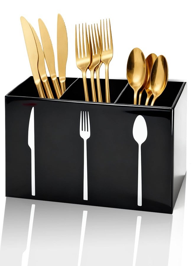 Sunmuliiiy Black Acrylic Cutlery Storage Organizer,Plastic Silverware Holder,Silverware Caddy 3 Section Tableware Plastic Holder for Kitchen Storage Indoor Outdoor Decoration Supplies - Image 1